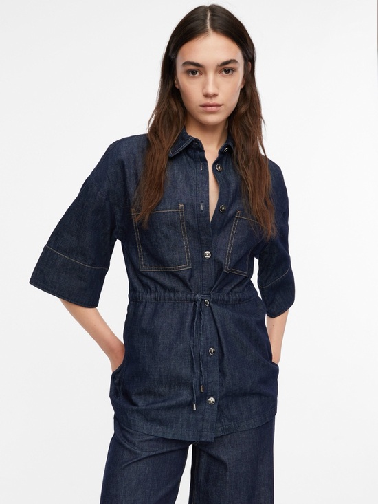 Zara Tops - Zara Denim Button Front Blouse Drawstring Waist Cotton Linen Blend Size S NWT